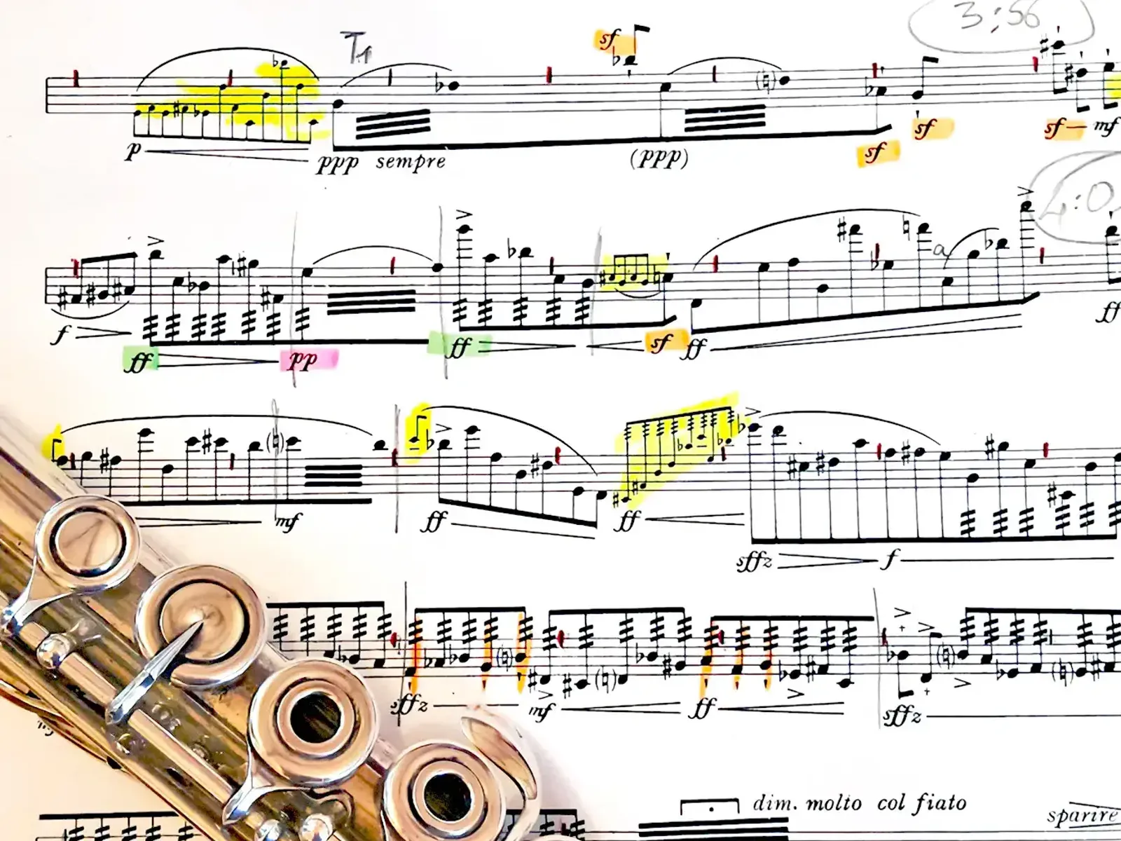 Flute sheet music with annotations by Kasia Flutist